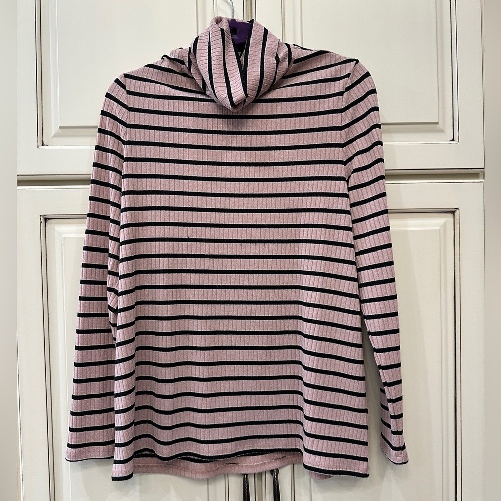 Pink and Black Striped Ribbed Turtleneck Long Sleeve Top